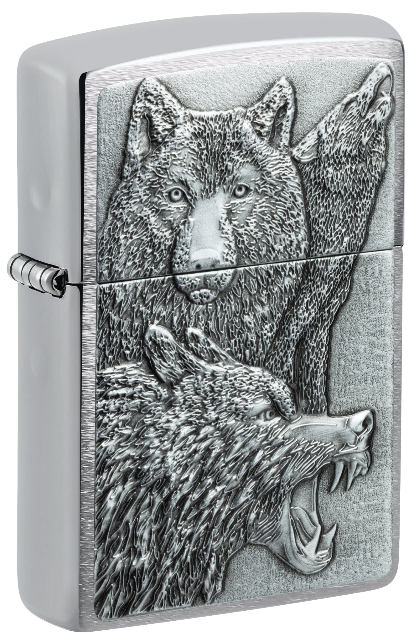 Front shot of Zippo Wolf Pack Emblem Brushed Chrome Windproof Lighter standing at a 3/4 angle.