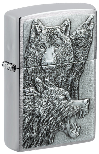 Front shot of Zippo Wolf Pack Emblem Brushed Chrome Windproof Lighter standing at a 3/4 angle.