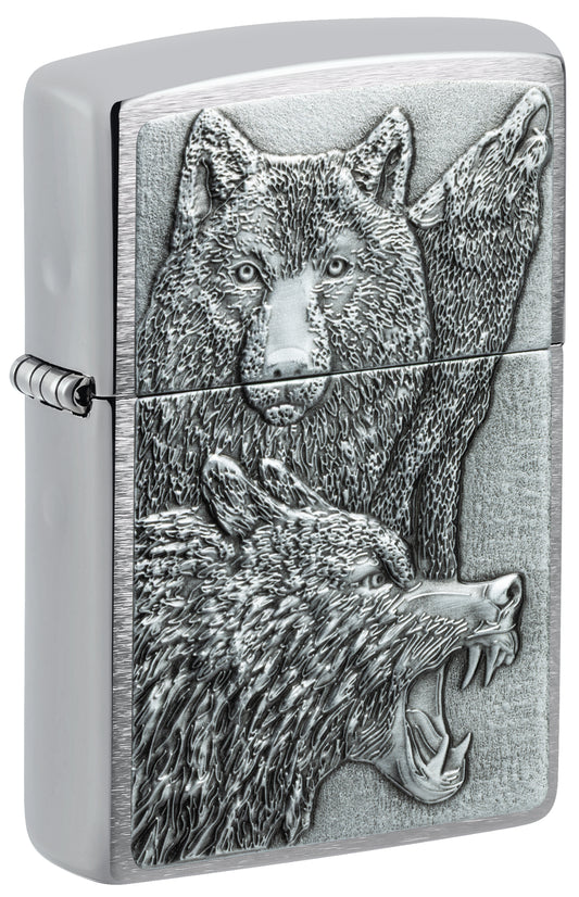 Front shot of Zippo Wolf Pack Emblem Brushed Chrome Windproof Lighter standing at a 3/4 angle.