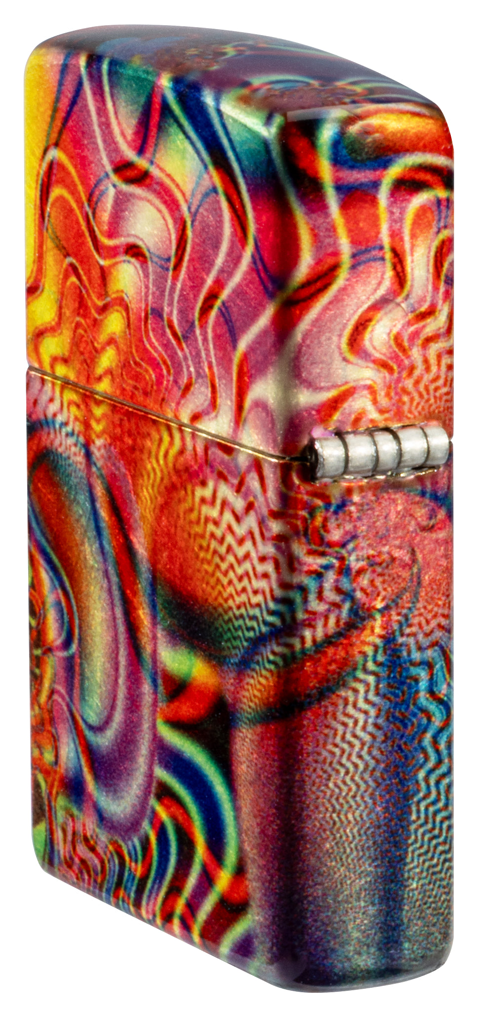 Angled shot of  Zippo Fusion Waves Design 540 Tumbled Brass Windproof Lighter showing the back and hinge side of the lighter.