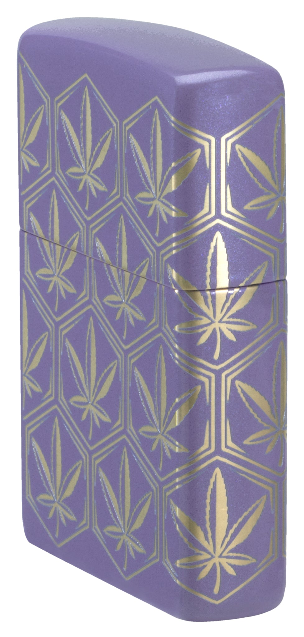 Angled shot of  Zippo Honeycomb Cannabis Design Smoky Lavender Windproof Lighter showing the front and right sides of the lighter.