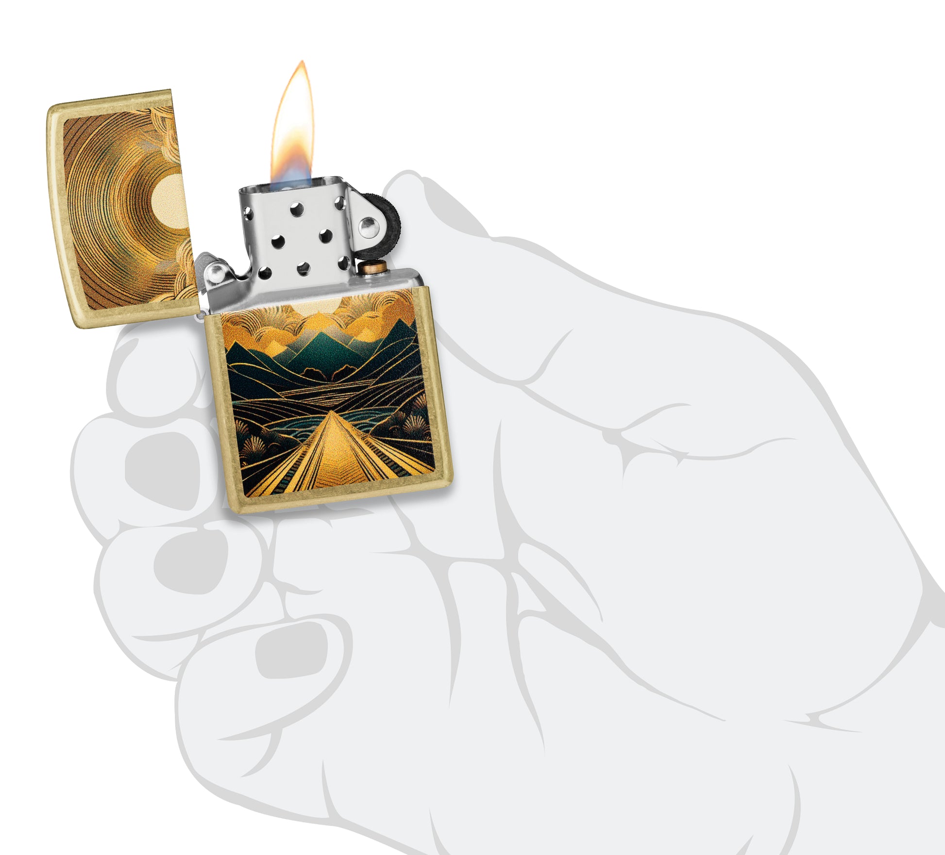 Zippo Through the Mountains Design Windproof Lighter lit in hand.