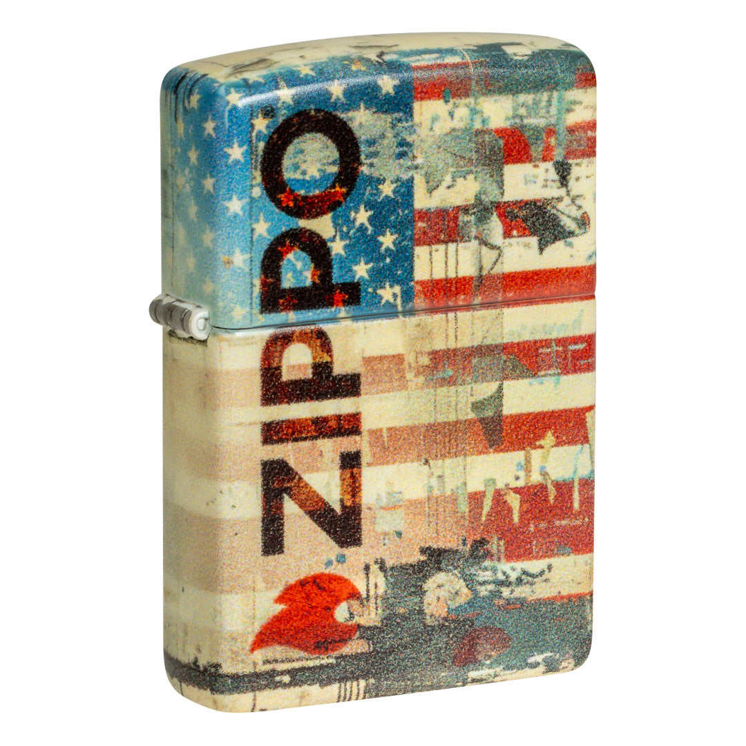 Front shot of Zippo Flag Design 540 Matte Windproof Lighter standing at a 3/4 angle.