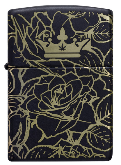 Front view of Zippo Queen of Bud 360° Roses Design Black Matte Windproof Lighter.