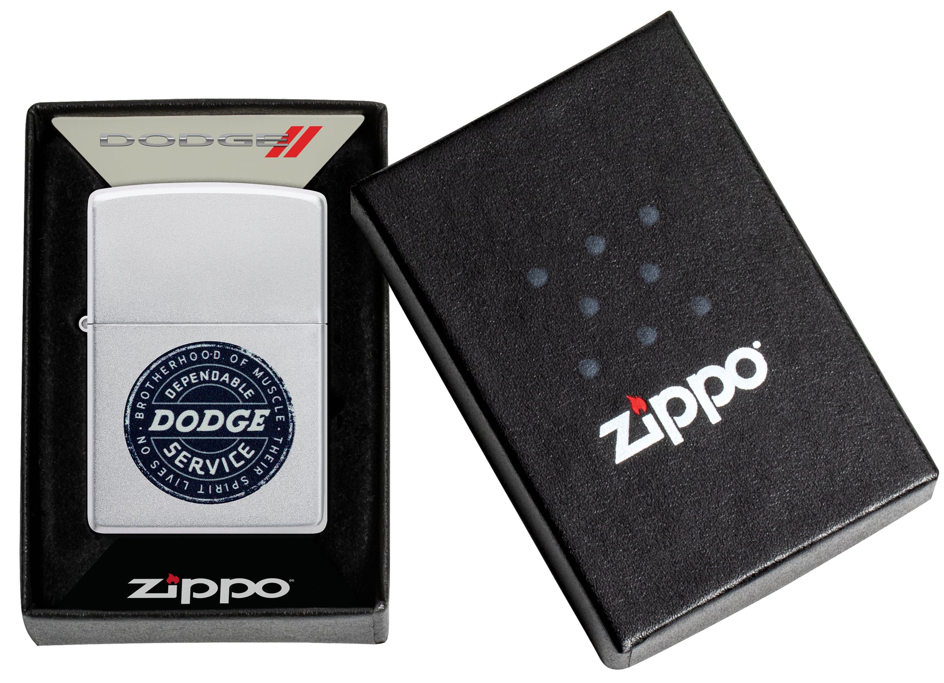 Zippo Dodge Service Sign Satin Chrome Windproof Lighter in its packaging.