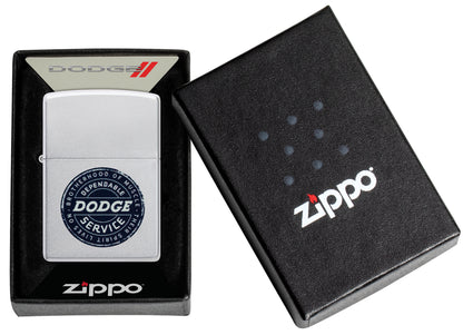 Zippo Dodge Service Sign Satin Chrome Windproof Lighter in its packaging.