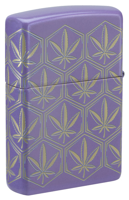 Back view of Zippo Honeycomb Cannabis Design Smoky Lavender Windproof Lighter standing at a 3/4 angle.