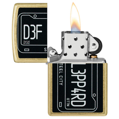 Zippo Def Leppard Steel City Design Street Brass Windproof Lighter with its lid open and lit.