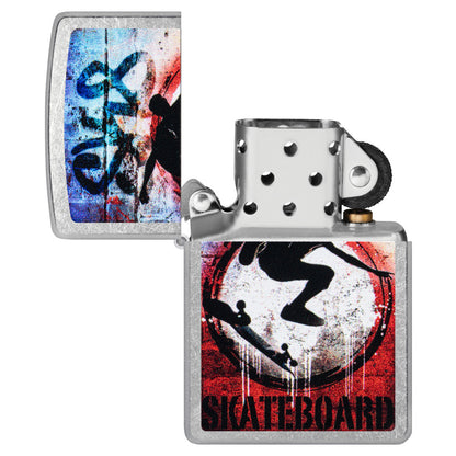 Zippo Kickflip Design Street Chrome Windproof Lighter with its lid open and unlit.