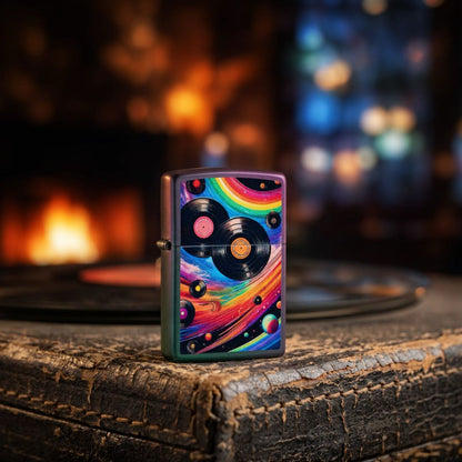 Lifestyle image of Zippo Rainbow Records Design Iridescent Windproof Lighter standing on a closed vintage record player next to some records, showing the front and hinge side of the lighter with a dark out of focus background that has a lit fireplace.  

