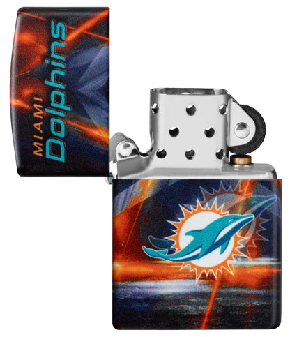 Zippo NFL Miami Dolphins 540 Matte Windproof Lighter with its lid open and unlit.