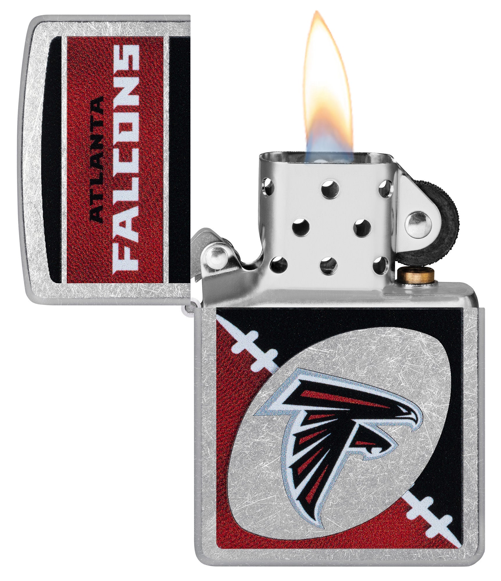 Zippo NFL Atlanta Falcons Street Chrome Windproof Lighter with its lid open and lit.