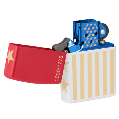 Front shot of Zippo 250th Anniversary Collectible Red and White Matte Windproof Lighter with its lid open standing at a 3/4 angle.
