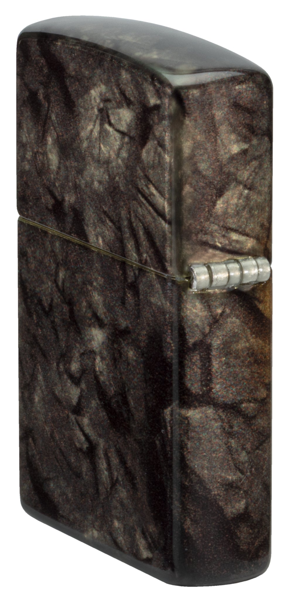Angled shot of  Zippo Gleaming Tree of Life Design 540 Tumbled Brass Windproof Lighter showing the back and hinge sides of the lighter.