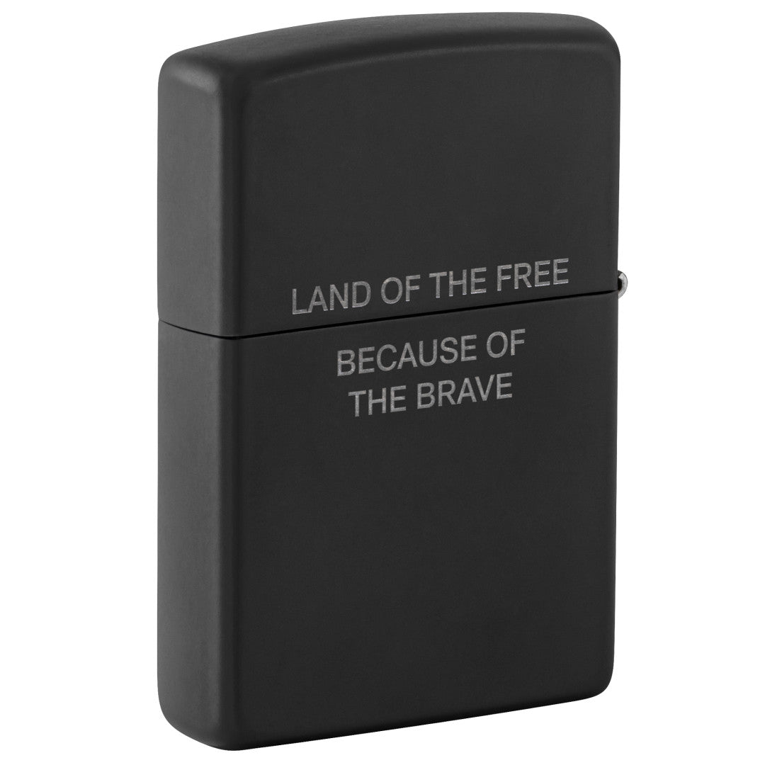 Back view of Zippo Because of the Brave Design Black Matte with Chrome Windproof Lighter standing at a 3/4 angle.