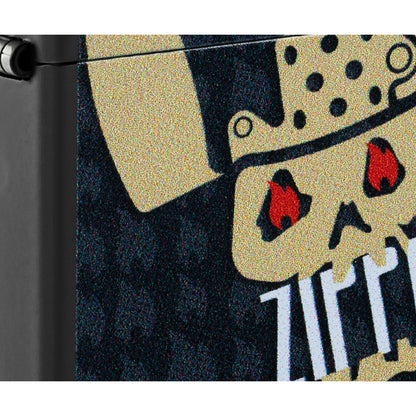 Front view of Zippo Skull and Flames Design Black Matte Windproof Lighter close up to show the detail of the lighter.