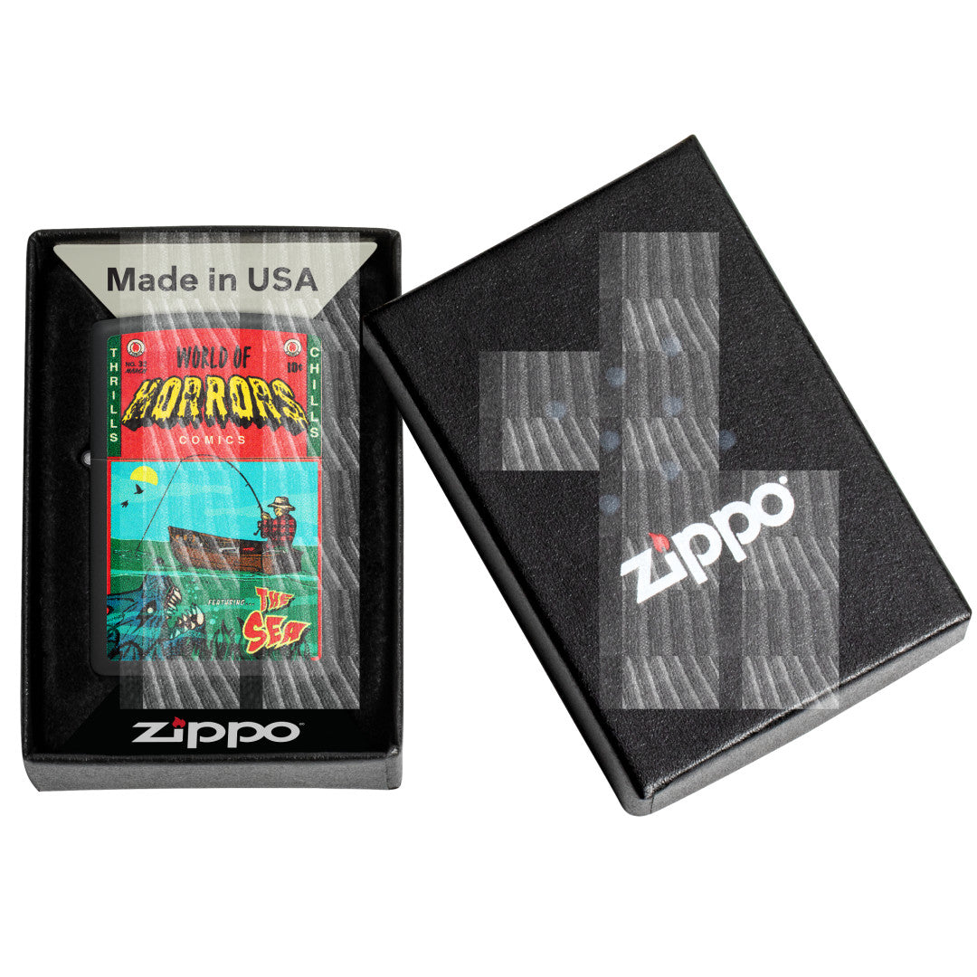 Zippo In Deep Trouble Design Black Matte Windproof Lighter in its packaging.