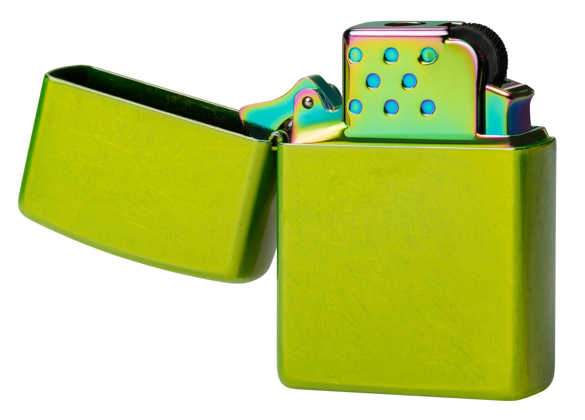 Front view of Zippo Yellow Flame Butane Insert - Green/Spectrum/Iridescent in a green case (Sold Separately) standing at a 3/4 angle with its lid open and unlit.