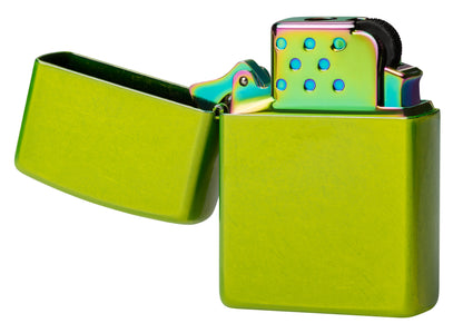 Front view of Zippo Yellow Flame Butane Insert - Green/Spectrum/Iridescent in a green case (Sold Separately) standing at a 3/4 angle with its lid open and unlit.
