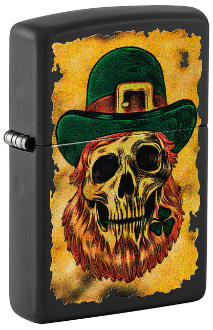 Front shot of Zippo Lucky Map Design Black Matte Windproof Lighter standing at a 3/4 angle.