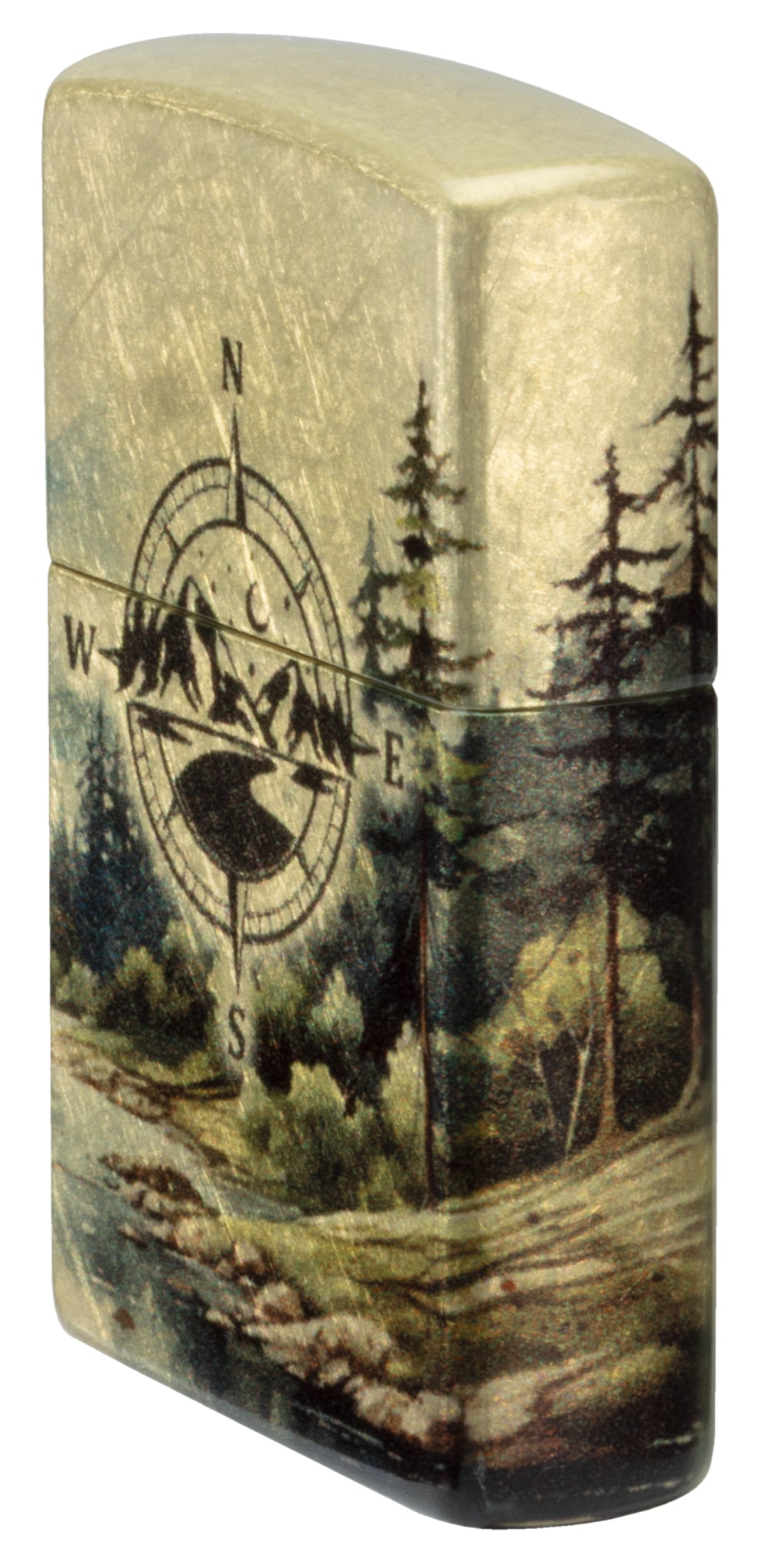 Angled shot of  Zippo Watercolor Wilderness Design 540 Tumbled Brass Windproof Lighter showing the front and right sides of the lighter.