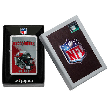 Zippo NFL Tampa Bay Buccaneers Helmet Design Street Chrome Windproof Lighter in its packaging.