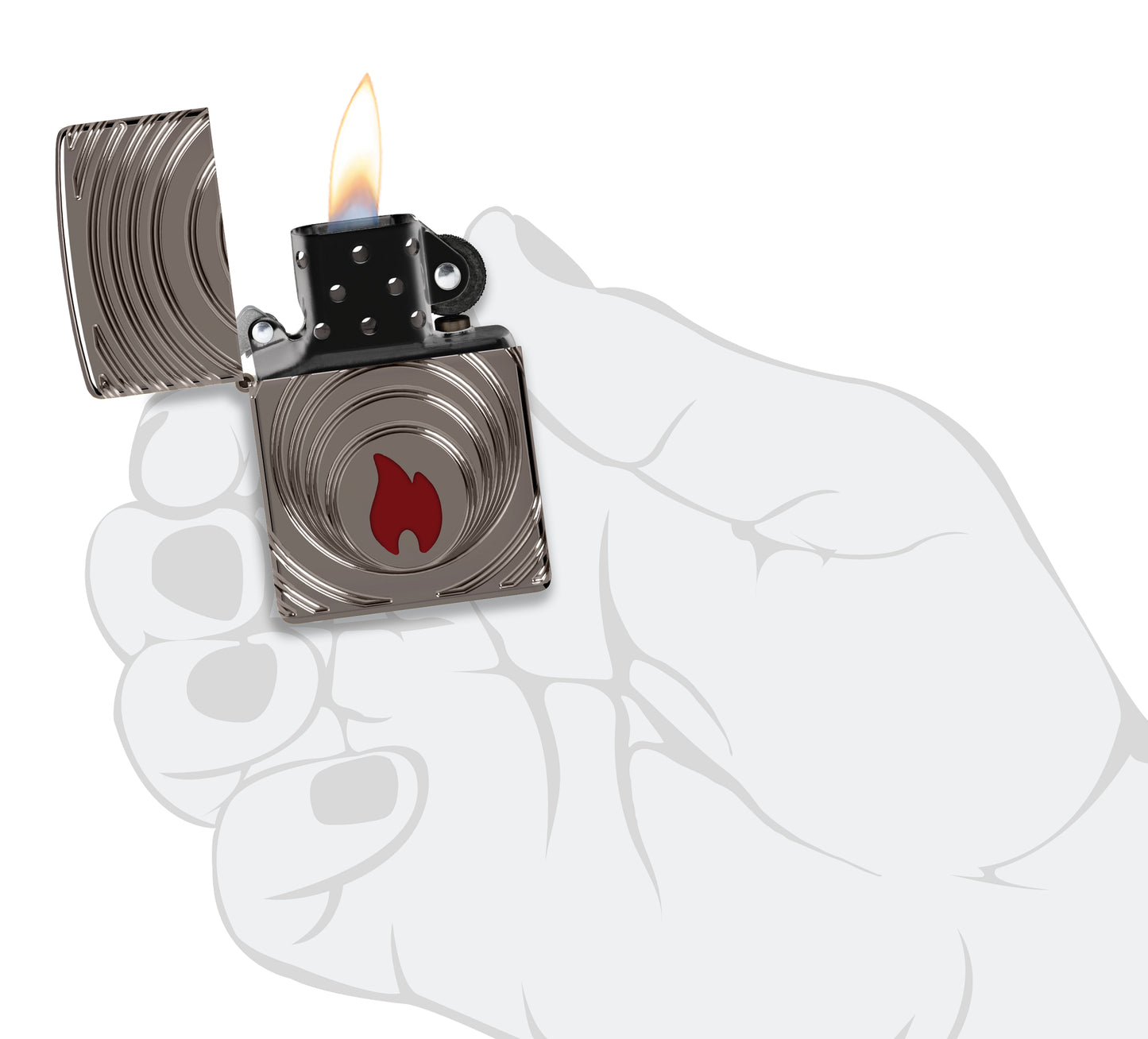 Zippo 2026 Collectible of the Year Windproof Lighter lit in hand.
