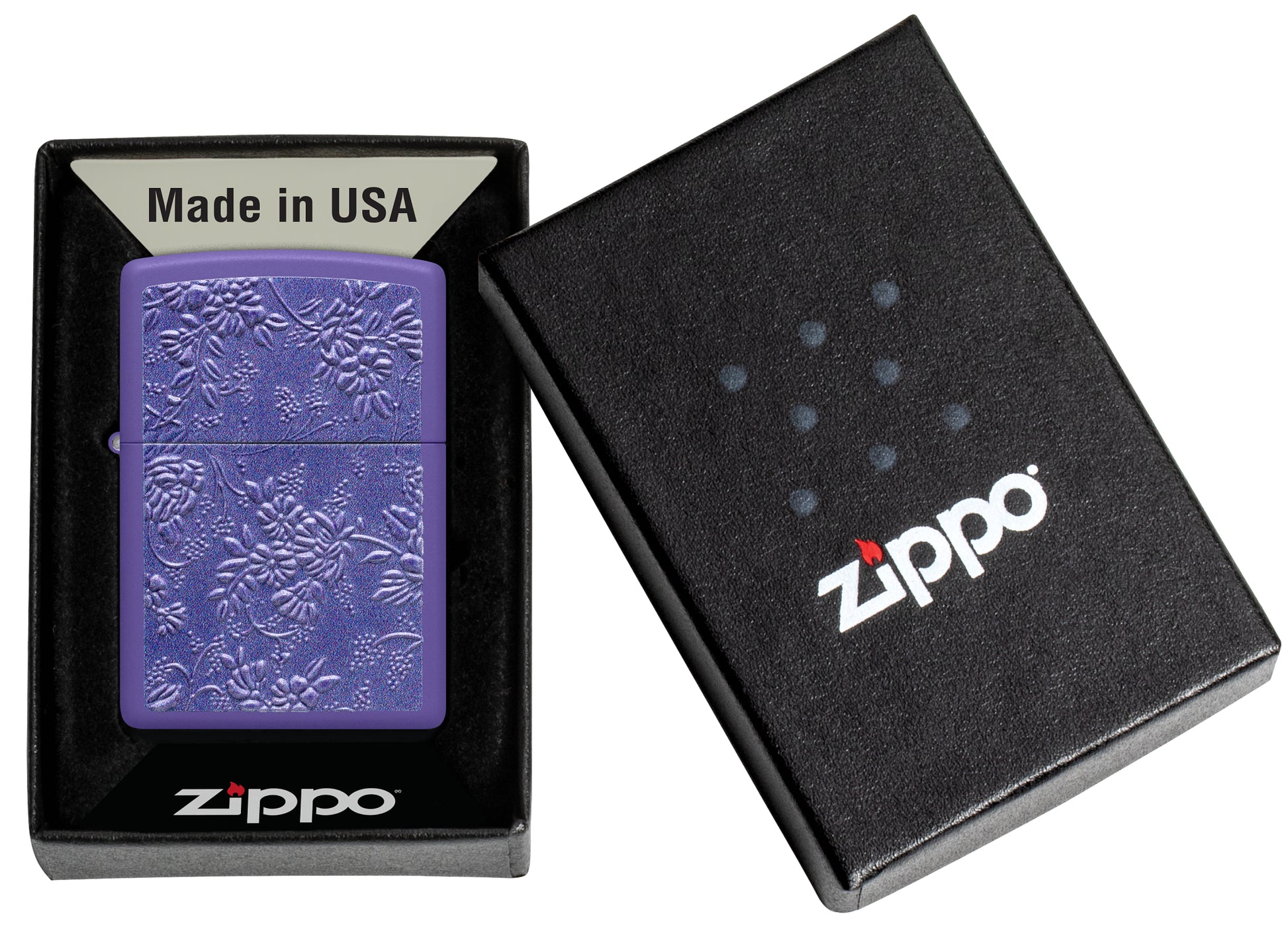 Zippo Texture Bouquet Design Purple Matte Windproof Lighter in its packaging.