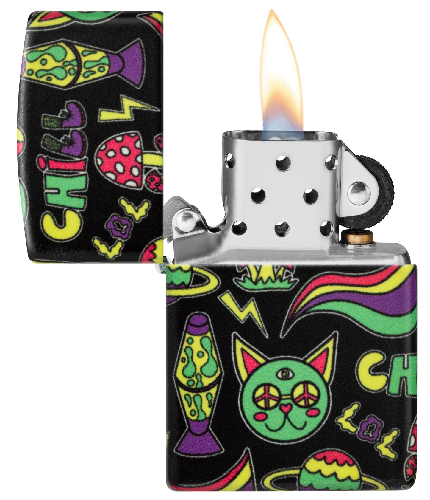 Zippo Glowing Chill Design Glow-in-the-Dark Green Windproof Lighter with its lid open and lit.