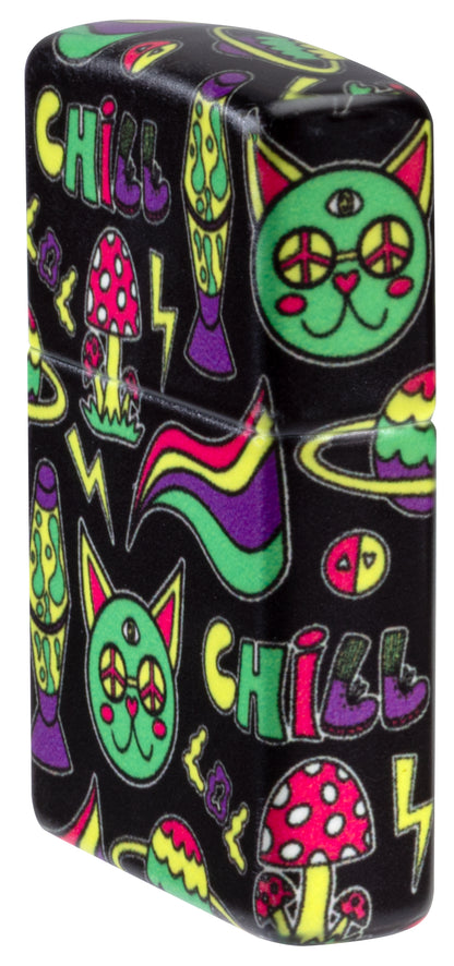 Angled shot of  Zippo Glowing Chill Design Glow-in-the-Dark Green Windproof Lighter showing the front and non-hinge side of the lighter.