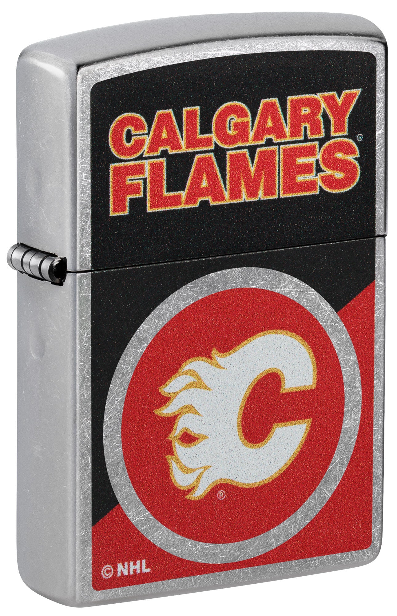 Front shot of Zippo NHL® Calgary Flames® 2024 Street Chrome™ Windproof Lighter standing at a 3/4 angle.