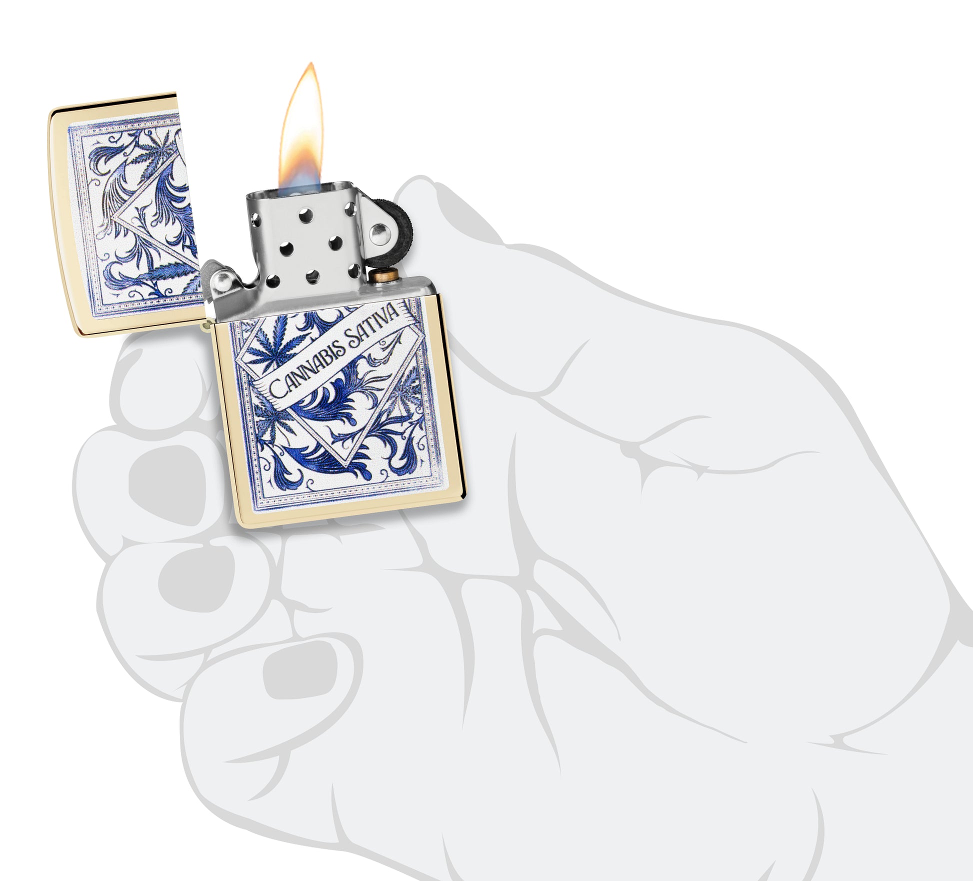 Zippo Sativa Serenity Design Champagne Windproof Lighter lit in hand.