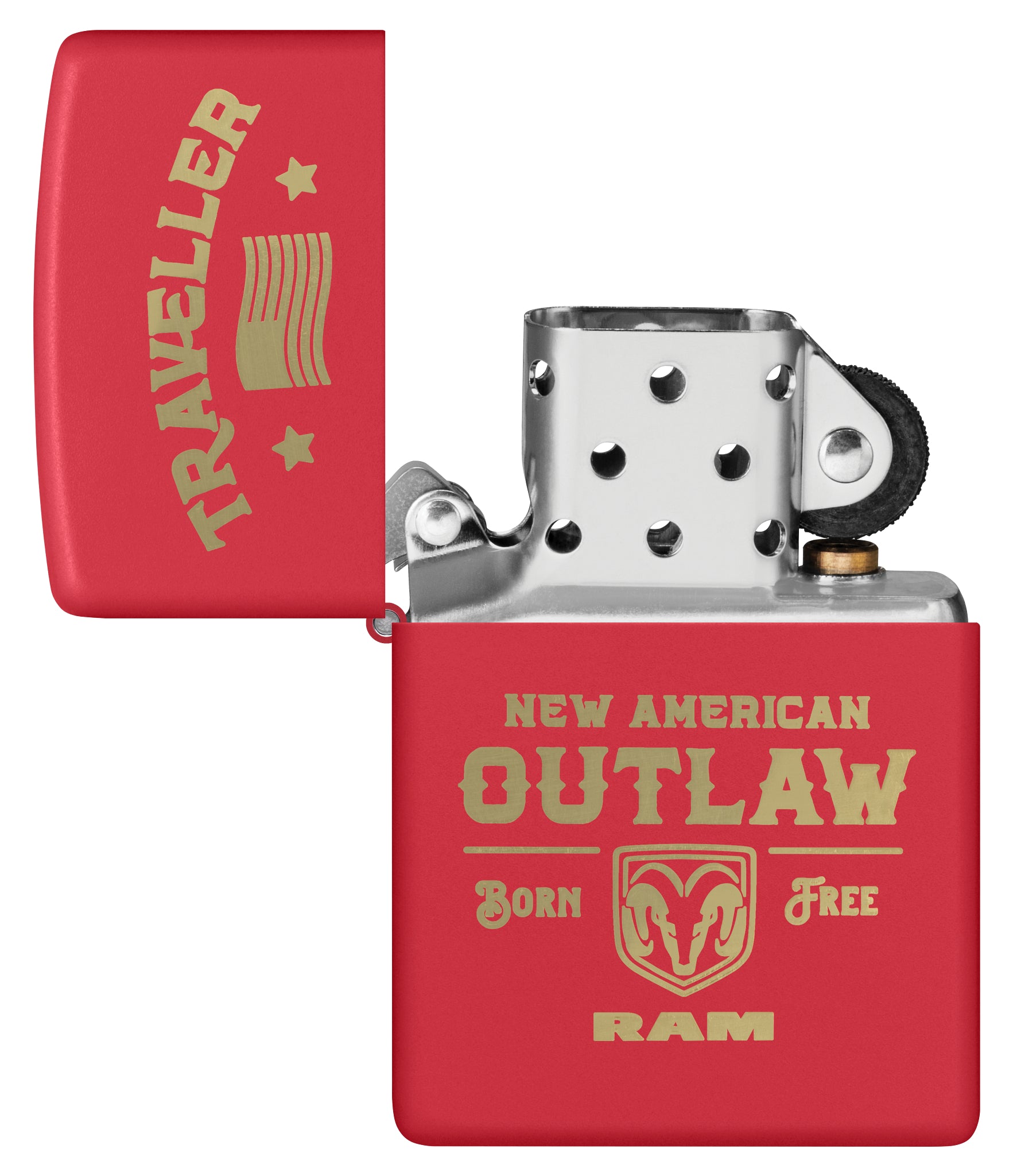 Zippo Ram Traveller Design Red Matte Windproof Lighter with its lid open and unlit.