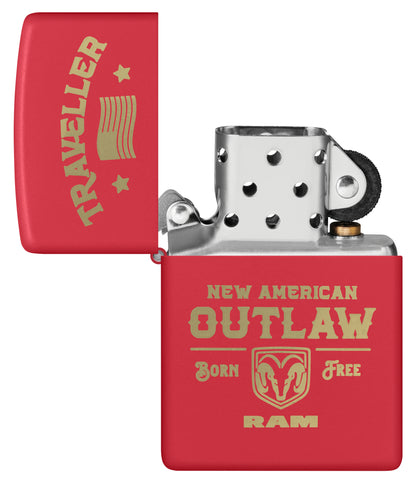 Zippo Ram Traveller Design Red Matte Windproof Lighter with its lid open and unlit.