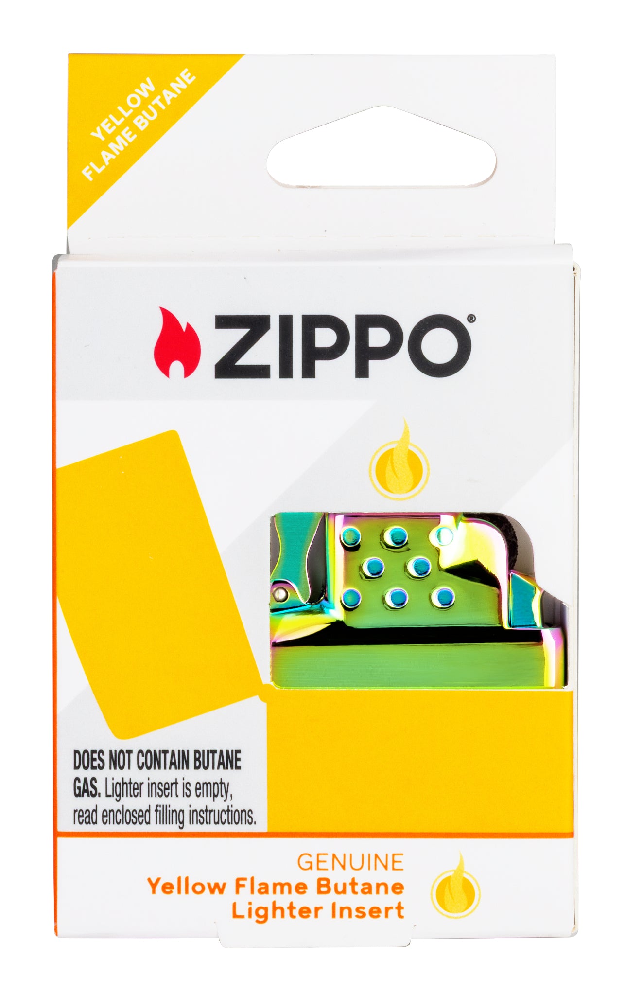 Zippo Yellow Flame Butane Insert - Green/Spectrum/Iridescent in its packaging.