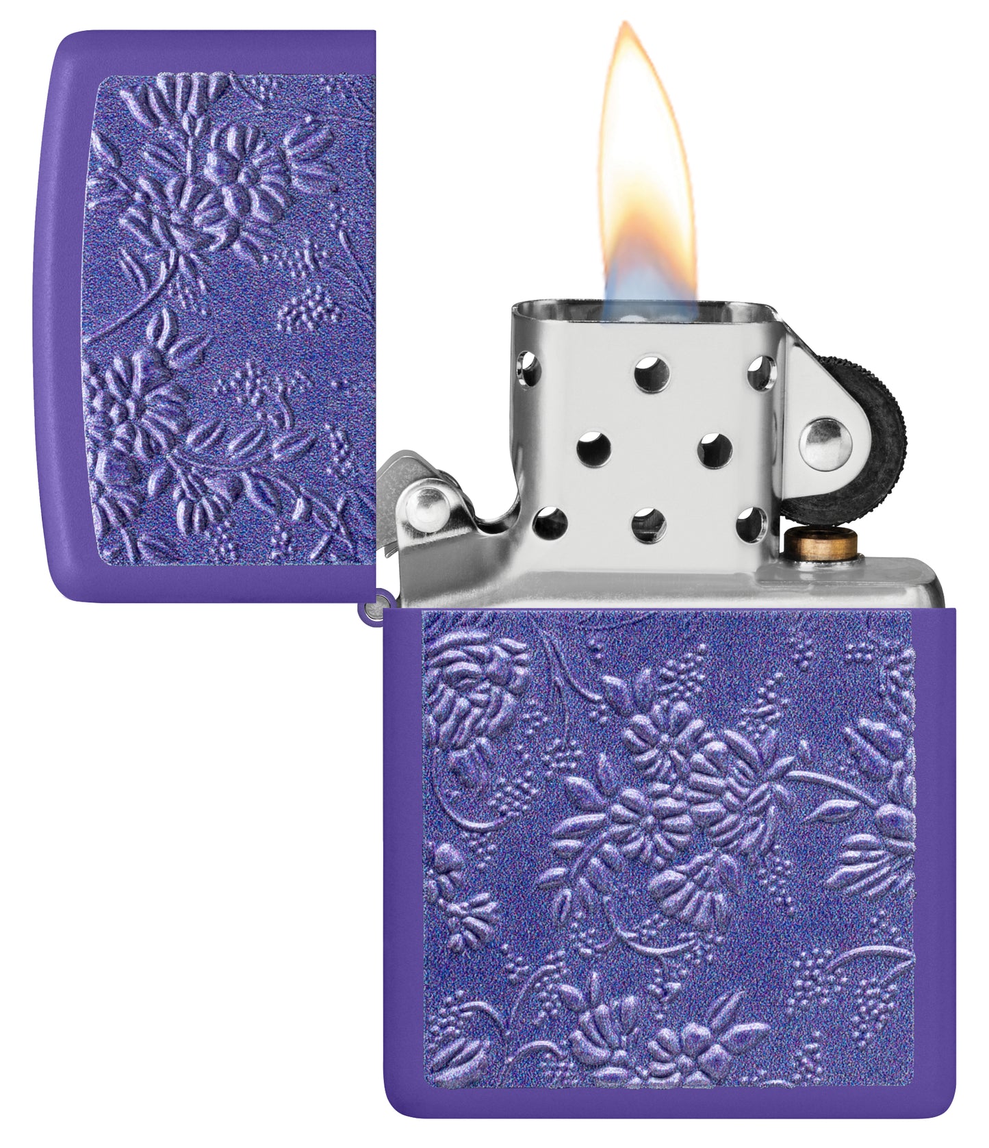 Zippo Texture Bouquet Design Purple Matte Windproof Lighter with its lid open and lit.