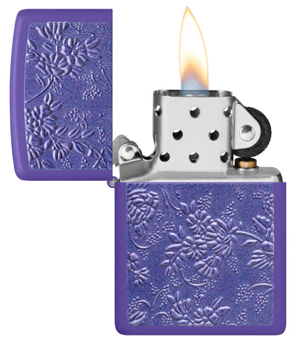 Zippo Texture Bouquet Design Purple Matte Windproof Lighter with its lid open and lit.