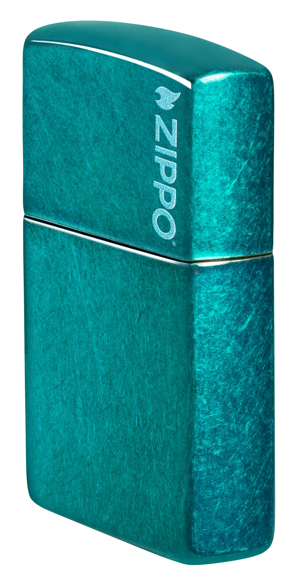 Angled shot of  Zippo Classic Candy Teal Zippo Logo Windproof Lighter showing the front and non-hinge side of the lighter.