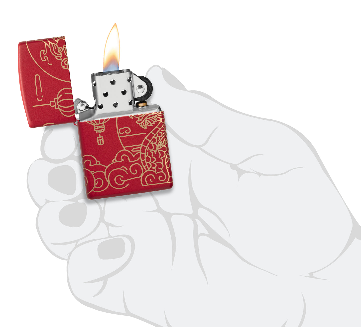 Zippo Chinese New Year Design Red Matte Windproof Lighter lit in hand.