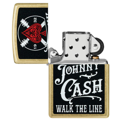Zippo Johnny Cash 1932 Design Street Brass Windproof Lighter with its lid open and unlit.