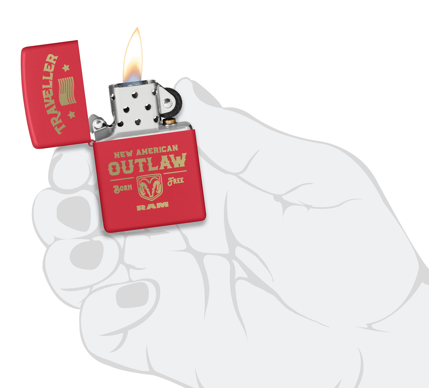 Zippo Ram Traveller Design Red Matte Windproof Lighter lit in hand.