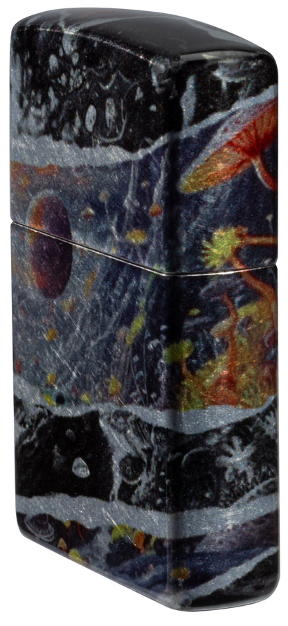 Angled shot of  Zippo Fusion Galaxy Design 540 Tumbled Chrome Windproof Lighter showing the front and non-hinge side of the lighter.