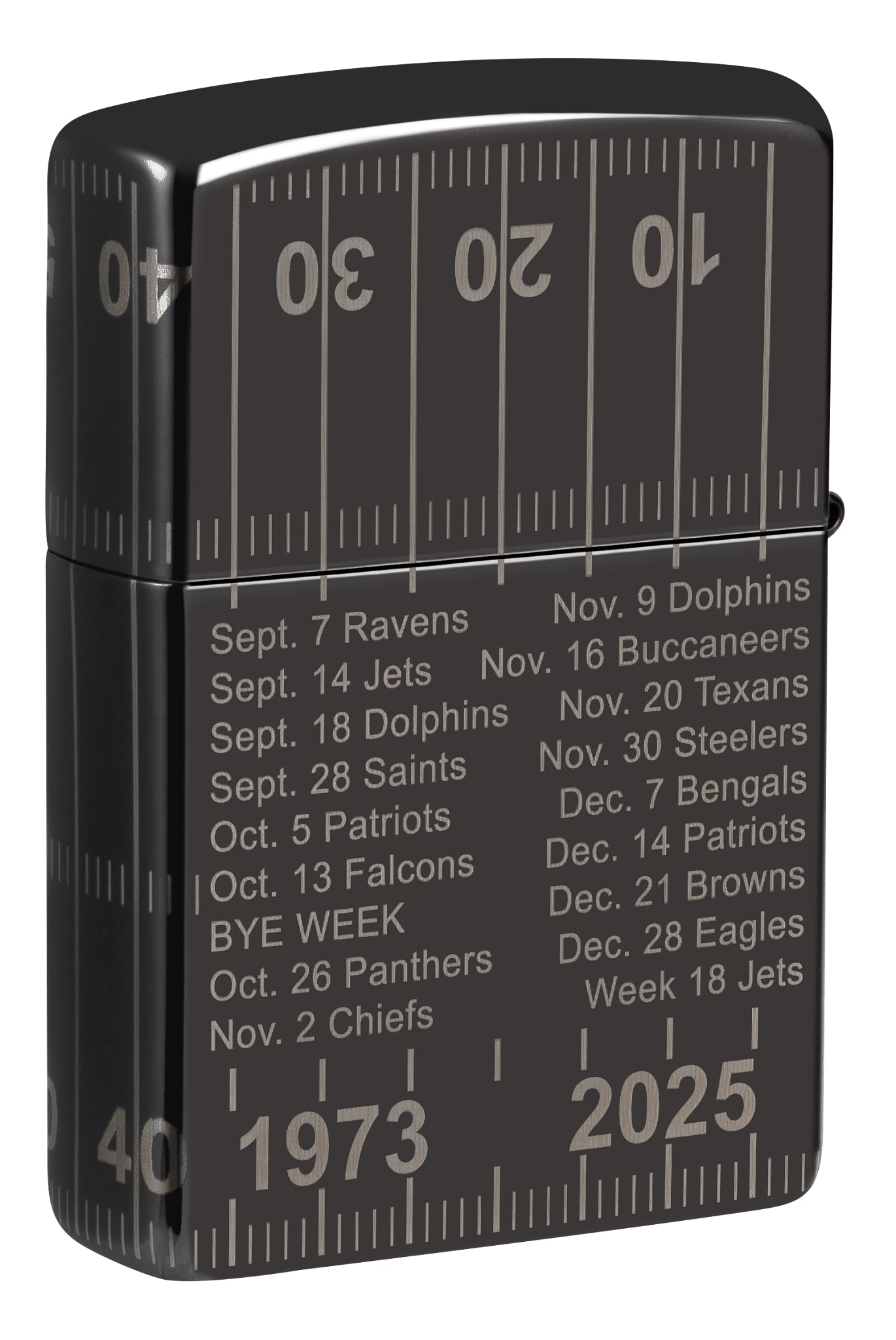 Back view of Zippo Buffalo Bills Farewell Season Design High Polish Black Windproof Lighter standing at a 3/4 angle.