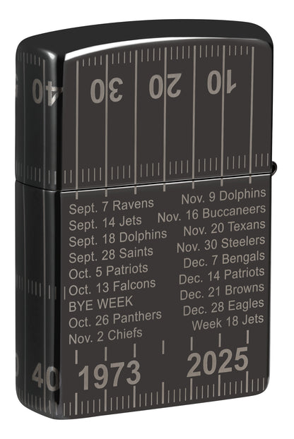 Back view of Zippo Buffalo Bills Farewell Season Design High Polish Black Windproof Lighter standing at a 3/4 angle.