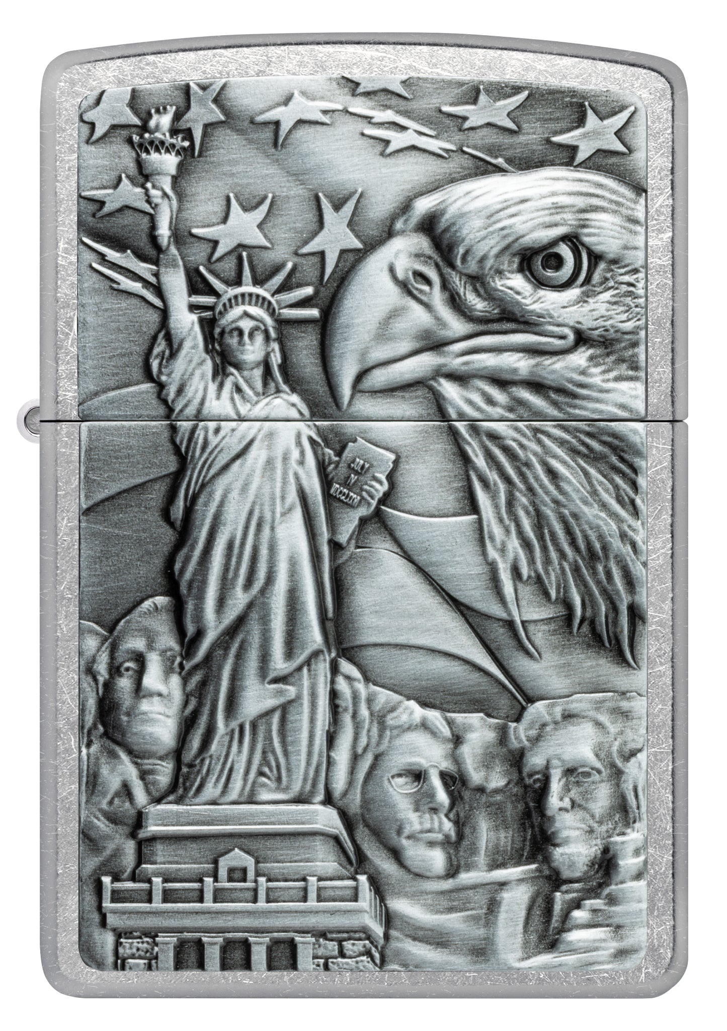 Front view of Zippo American Icons Emblem Street Chrome Windproof Lighter.