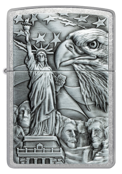 Front view of Zippo American Icons Emblem Street Chrome Windproof Lighter.
