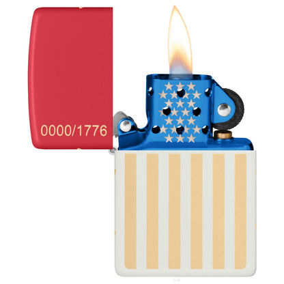 Zippo 250th Anniversary Collectible Red and White Matte Windproof Lighter with its lid open and lit.