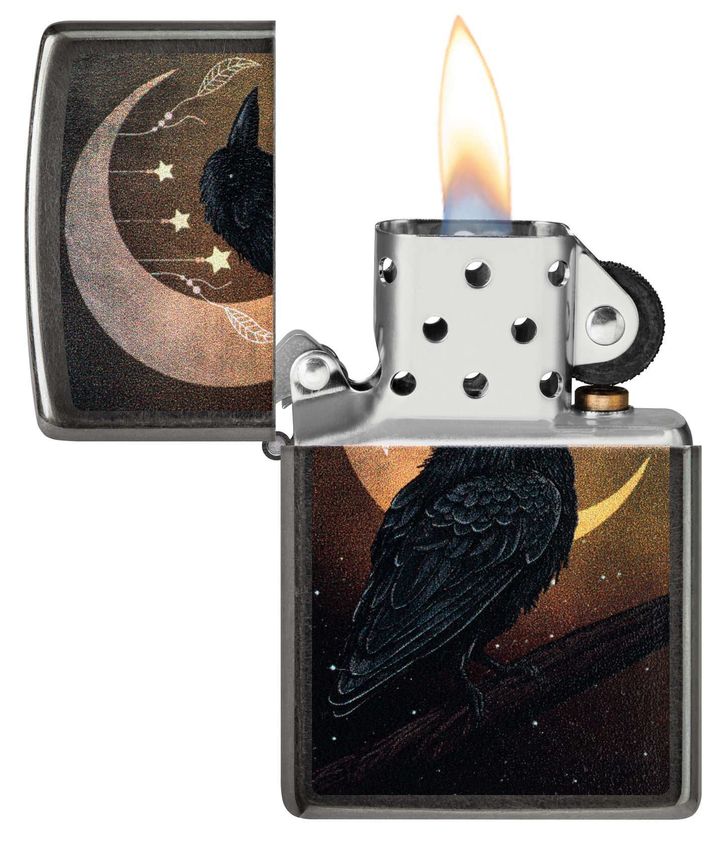 Zippo Raven Moon Design Grey Windproof Lighter with its lid open and lit.