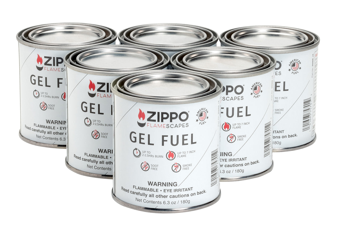 Front shot of 6 Zippo FlameScapes™ 180g Gel Fuel cans.