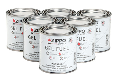 Front shot of 6 Zippo FlameScapes™ 180g Gel Fuel cans.